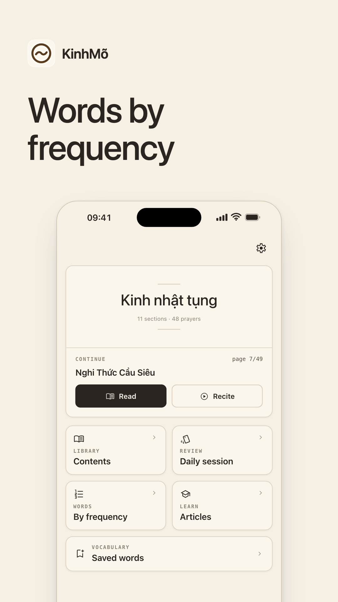 The frequency list with its two column headings and the first entries.