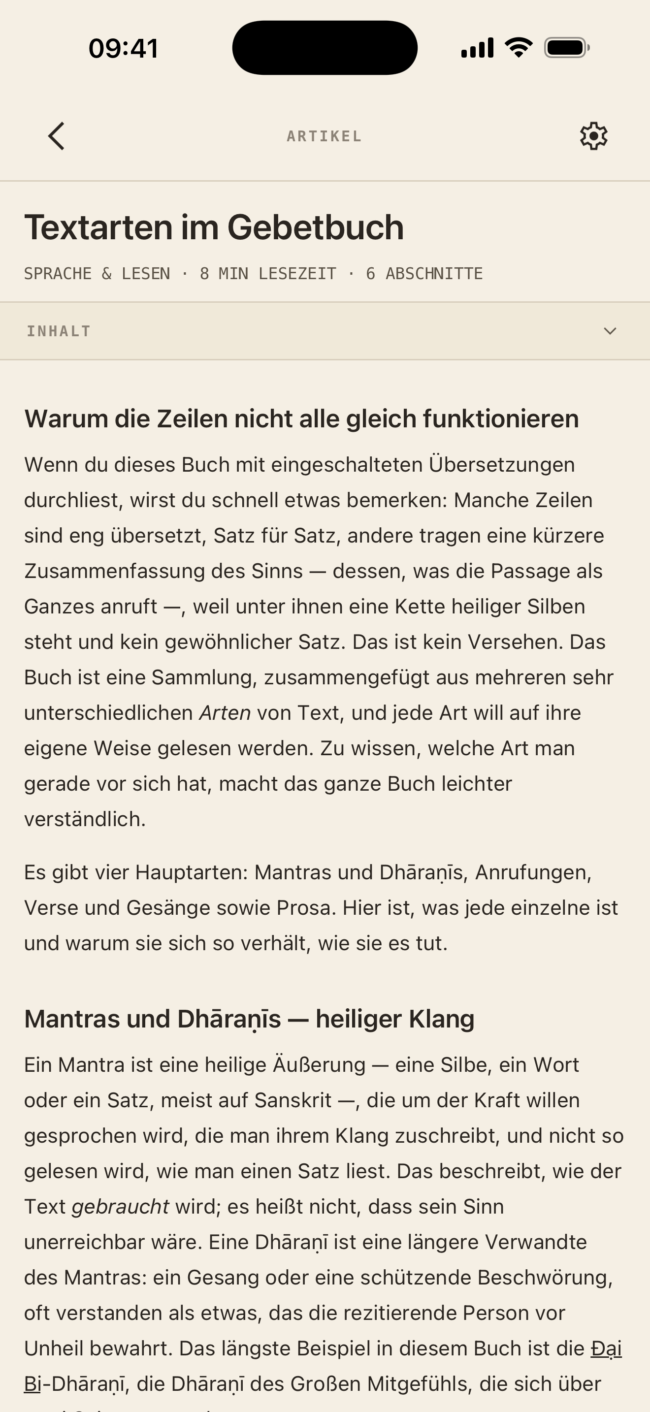 Ein geöffneter Artikel in der App, mit Titel und Inhaltsverzeichnis.
