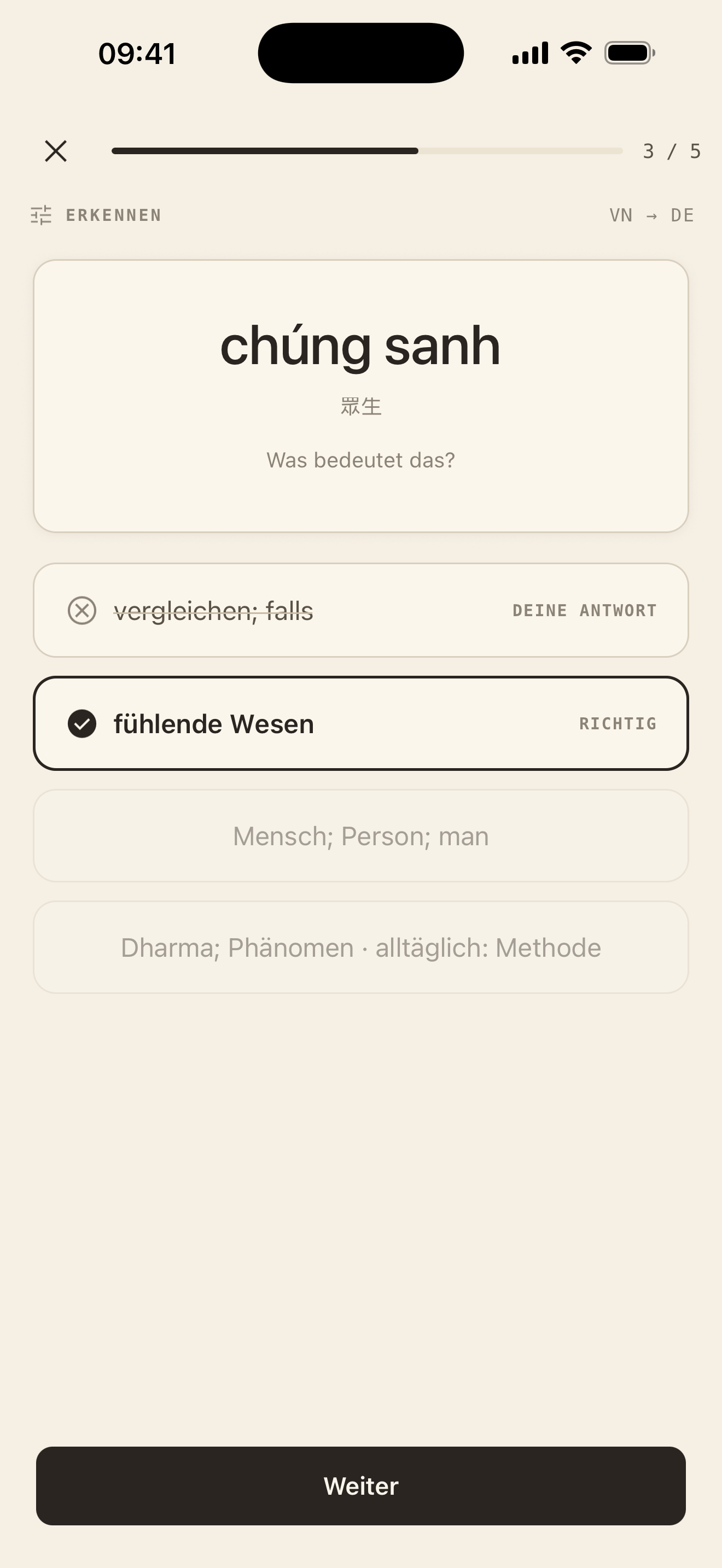 Eine Übungskarte mit vier Antwortmöglichkeiten zum Antippen.